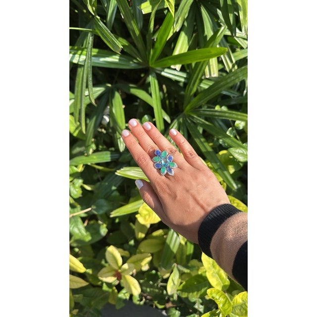Metal Set in 18k Gold, Aquamarine, Blue Sapphires, Emeralds & Diamonds Cocktail Ring, Us Size 7 For Sale - Image 7 of 10