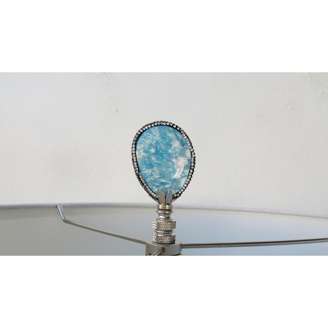 Total wow factor lamp finials! Cool, crisp Sky Blue crackled Quartz polished gemstones banded on both sides by sparkling...