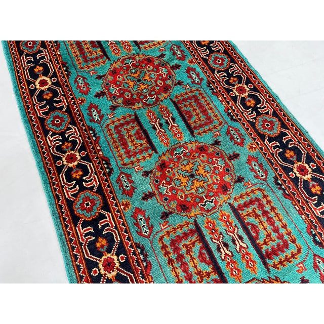 Turquoise Floral Geometric Tribal Wool Runner, 2'9" X 6'7" For Sale - Image 4 of 13