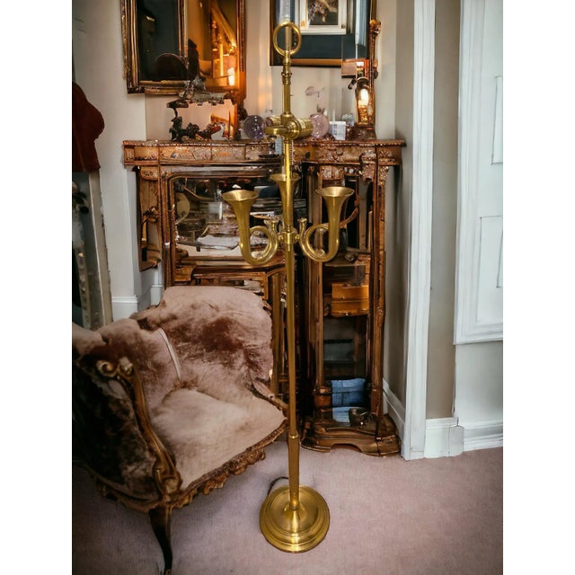 Made by Wildwood, Beautiful Late 20th Century Solid Brass Triple French Horn Floor Lamp. Lamp is in wonderful condition...