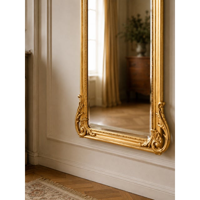 1970s French Rococo Gold Wood Floor Mirror For Sale - Image 6 of 13
