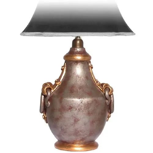 Hand Painted ceramic Table Lamp in a gray and silver finish with gold accents. Lamp shade is included. Italy.