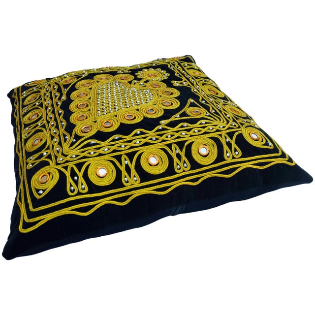 Late 20th Century Vintage Moroccan Hand-Embroidered Golden-Patterned Pillow For Sale - Image 5 of 9