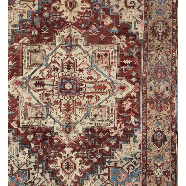 Measures: 9'10 x 11'10 Antique Persian Serapi Carpet With Medallion In Reddish Brown, Tan and Light Blue. Keivan Woven...