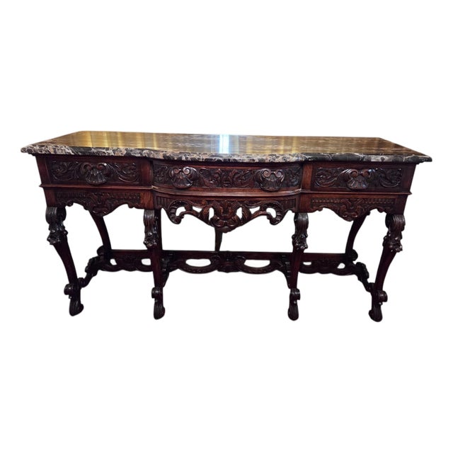 Antique Italian Renaissance Revival Walnut Marble Top Credenza Sideboard Buffet For Sale