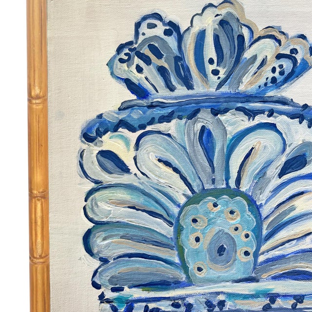 Contemporary Original Framed Oil Acrylic Blue and White Vase Painting, Organic Boho Art Floral Wall Art, 13" X 13" by Tatiana Duperault For Sale - Image 3 of 4