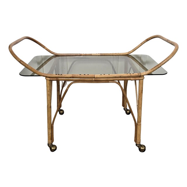 Bohemian French Bamboo & Rattan Glass Serving Bar Cart by Franco Albini, 1970s For Sale