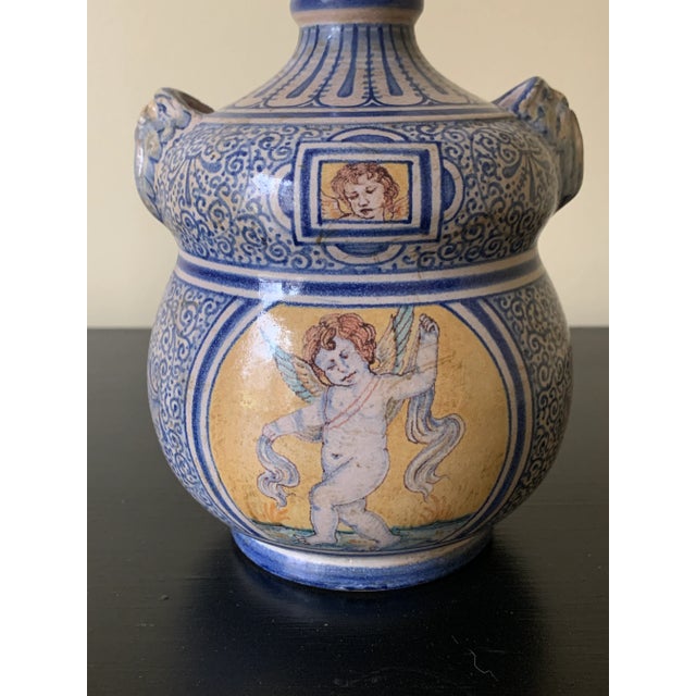 French Country Italian Provincial Deruta Hand Painted Faience Allegorical Pottery Jug Vase For Sale - Image 3 of 12