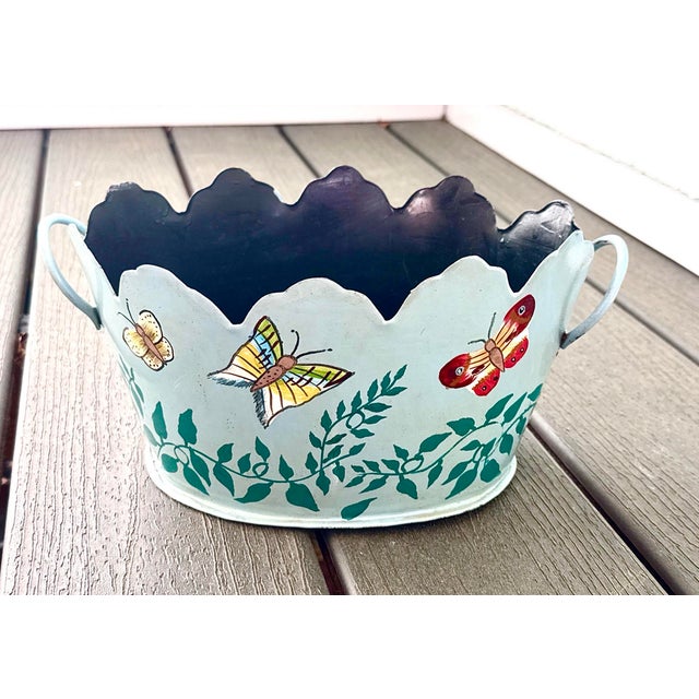 Vintage Toleware (Tole Ware) Butterfly Cachepot – Teal Hand‑Painted Metal Planter / Jardiniere For Sale - Image 9 of 10