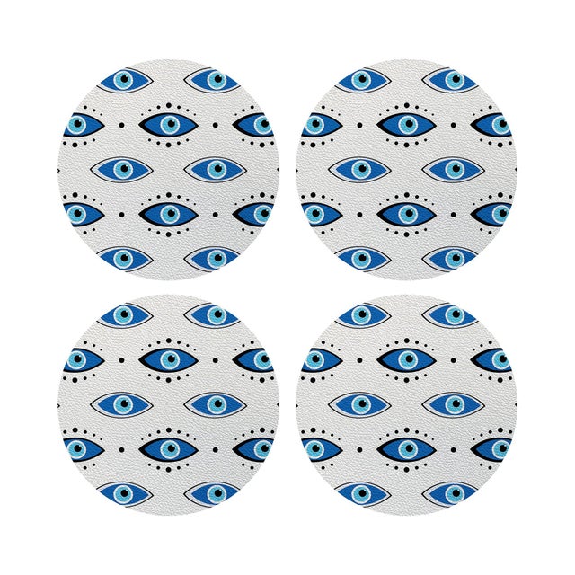 Eyes Blue White Vegan Leather Round Pebble Placemat, Set of 4 For Sale - Image 4 of 5