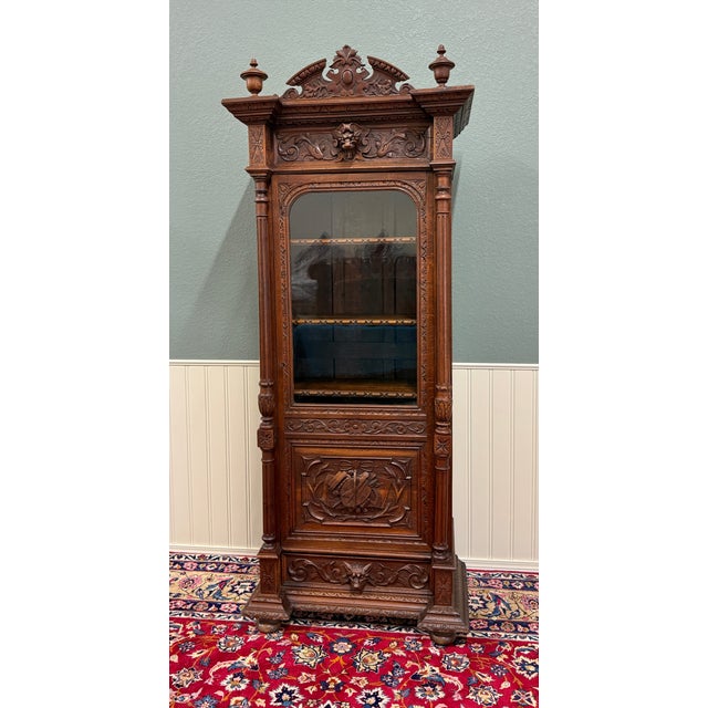 Wood Antique French Renaissance Revival Scholars Bookcase Cabinet Carved Oak 19th C For Sale - Image 7 of 15
