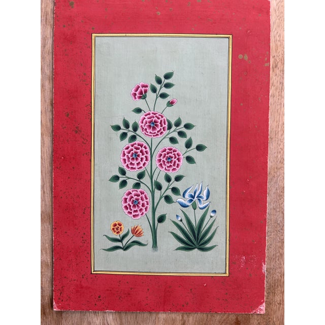 Red Vintage Indian Mughal Art Flower Painting For Sale - Image 8 of 12