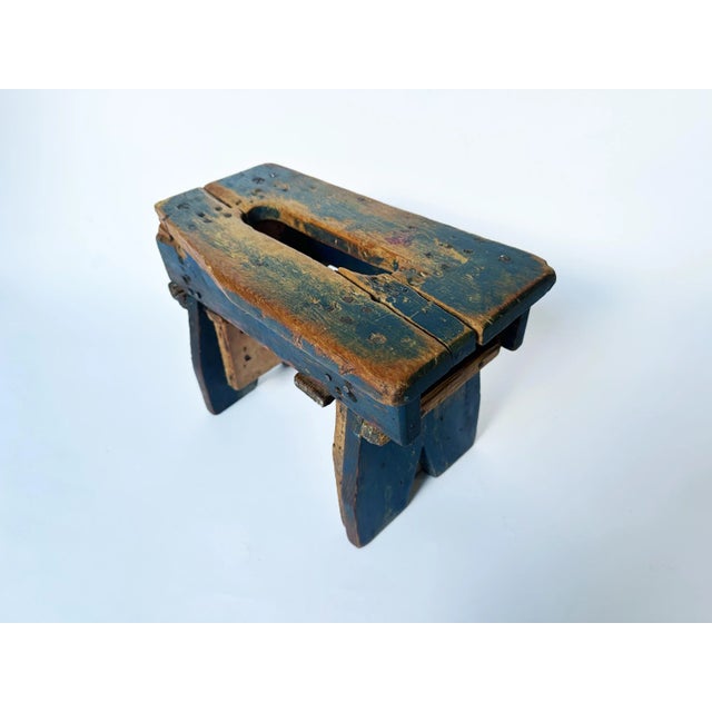 Farmhouse Antique Blue Primitive Milking Stool Early 20th Century For Sale - Image 3 of 7