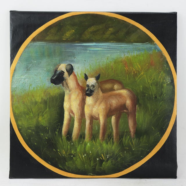 Vintage Hand Painted Folk Art Dog Portrait Circular Oil Painting on Canvas With Pastoral Landscape For Sale - Image 9 of 10
