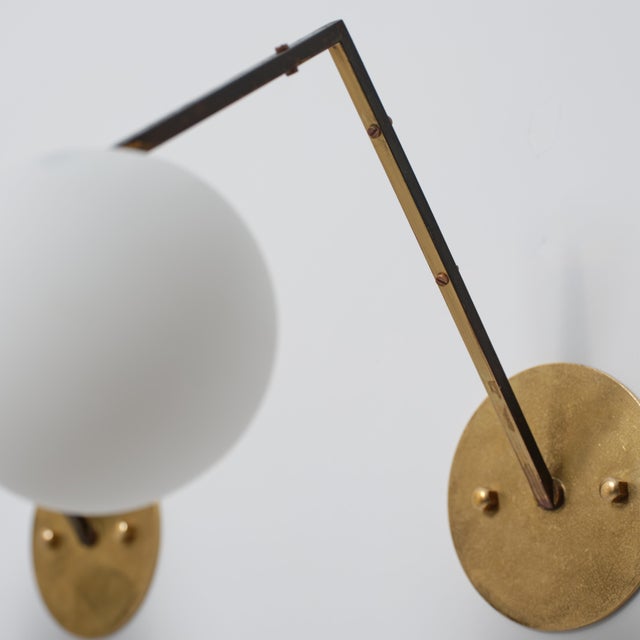 Mid-Century Modern Vintage Italian Geometric Brass and Opaline Globe Wall Sconces, 1950s, Set of 2 For Sale - Image 3 of 14