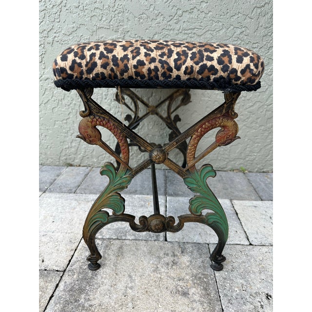 Vintage Mid 20th Century Cast Iron Bench With Leopard Print Upholstered Seat For Sale - Image 9 of 12