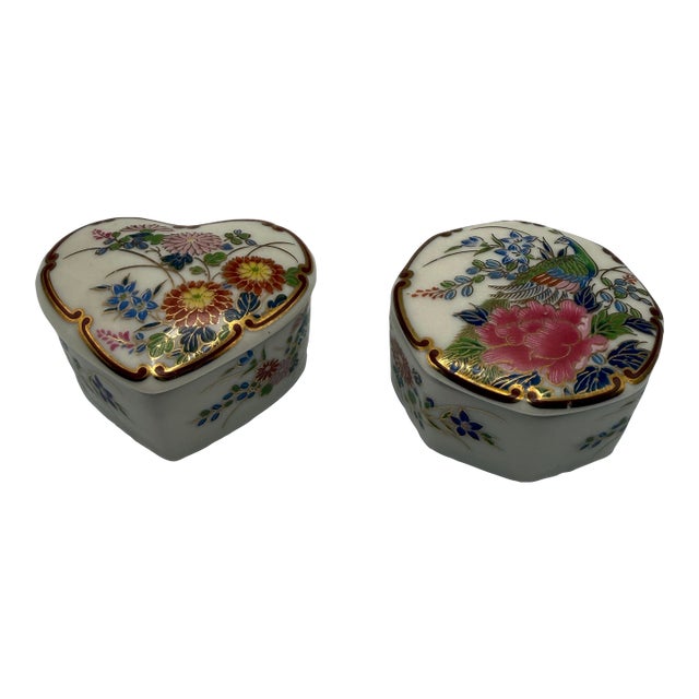 Vintage Shibata Japan Porcelain Trinket Box Set Heart & Hexagon Floral Gold Trim For Sale