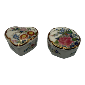 Vintage Shibata Japan Porcelain Trinket Box Set Heart & Hexagon Floral Gold Trim