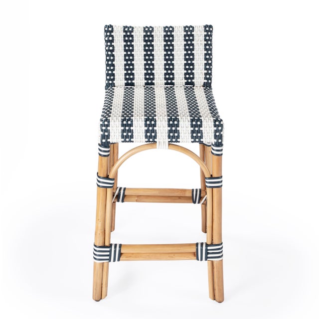 2020s Serienna 24.5 in. Seat Height Rectangular Rattan Low Back Counter Stool, White/Navy Stripe/ Natural Rattan Frame For Sale - Image 5 of 11
