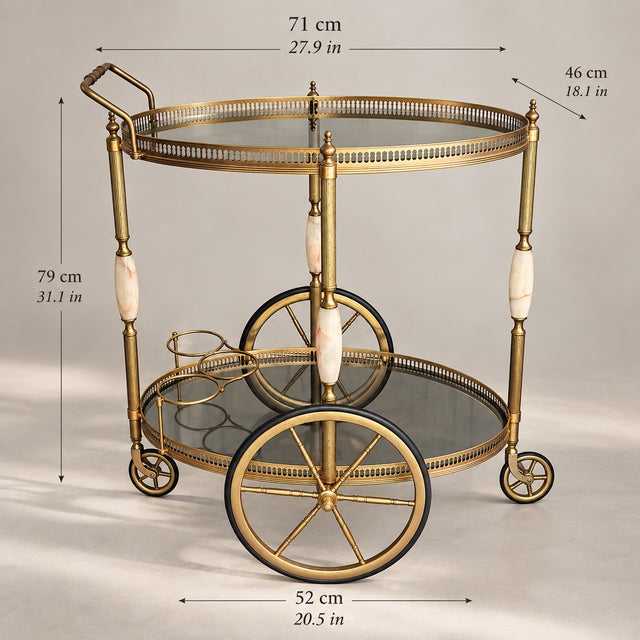 Vintage Brass and Onyx Serving Trolley with Glass, 1960 For Sale - Image 11 of 12