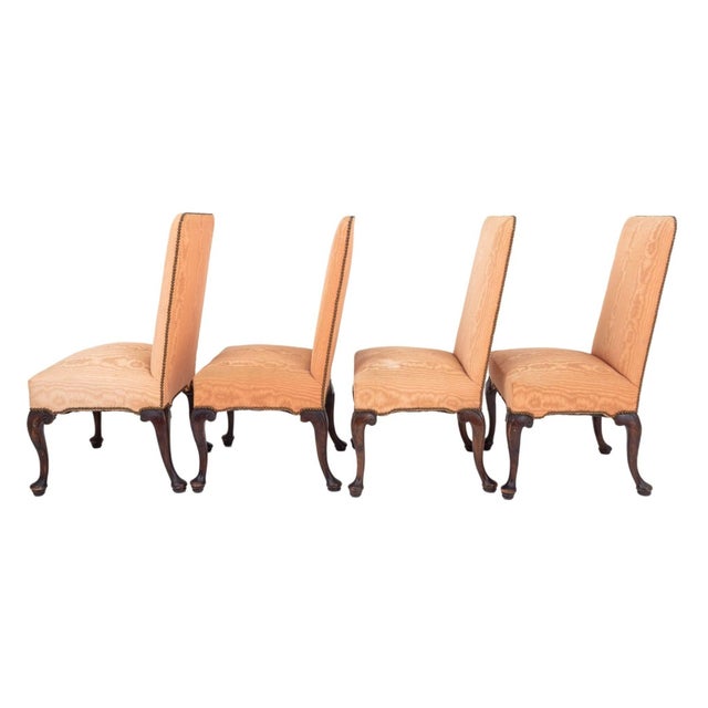 Set of Four George II Style Silk Upholstered Mahogany Dining Chairs, brass nail head trim, cabriole legs. 41.5" H x 22.5"...