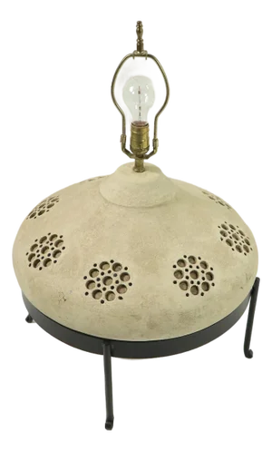 Sand Color Ceramic Table Lamp in Wrought Iron Stand