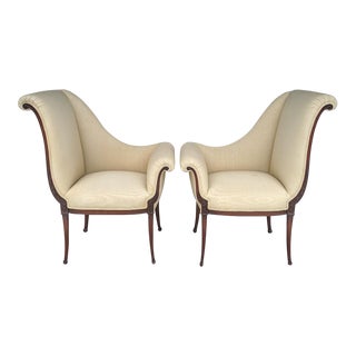 Asymmetrical Lyre Chairs W/ Carved Wood Trim, Mirrored Pair, Vintage For Sale