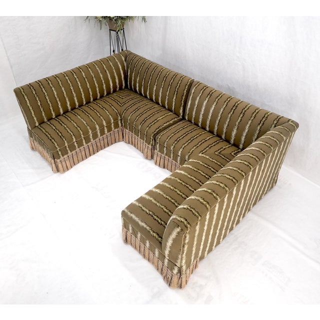 Two Way Two Part "C" Shape Striped Upholstery Custom Sofa Couch w/ Tassels MINT! For Sale - Image 9 of 16