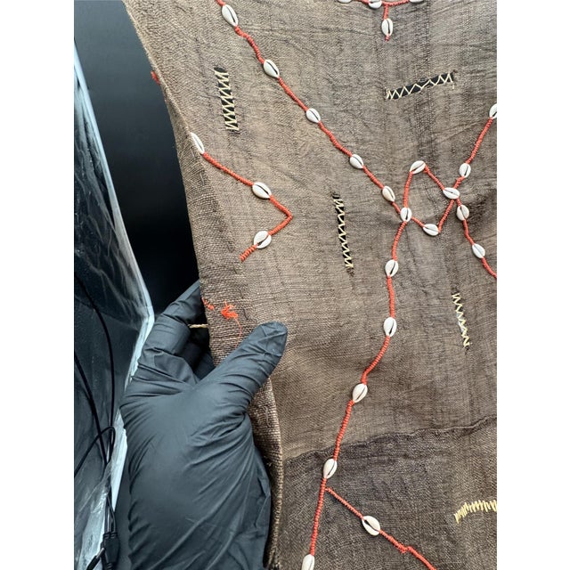 African Vintage African Kuba Mud Cloth With Cowrie Shells and Orange Seed Beads in a Geometric Design For Sale - Image 3 of 14