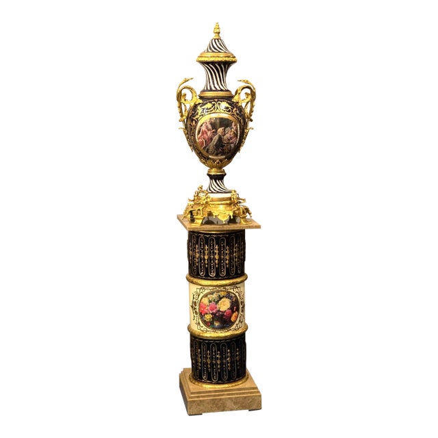 Baroque-Style Black Porcelain Vase With Marble Pedestal & Gold Leaf Details For Sale
