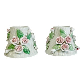 Vintage Italian Trompe L’Oeil Faux Bois & Pink Roses Candle Holders - A Pair - Easter For Sale