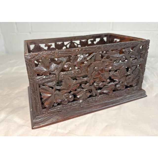 Folk Art Antique Hand Carved German Black Forest Wood Reticulated Dresser Spool Box For Sale - Image 3 of 12