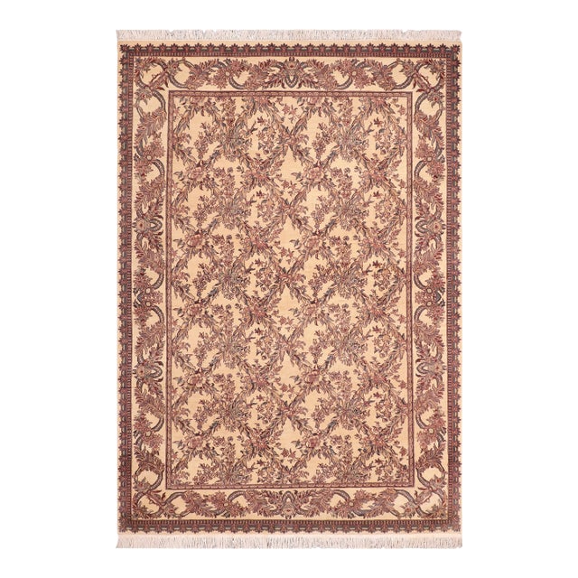 Shabby Chic Trellis 1990's Pak-Persian Ivory/Pink Wool Rug - 6'3'' X 9'1'' For Sale