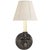 French Single Sconce in Bronze with Linen Shade Height: 12" Extension: 10" Backplate: 4.5" Round Mounting: Hardwire Shade...