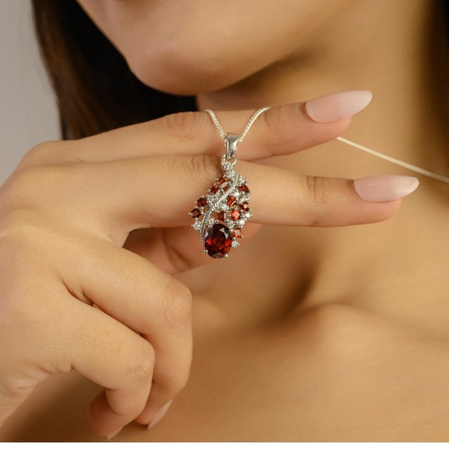 Natural Garnet Gemstone Cluster Charm Pendant With Diamond in 925 Siver For Sale - Image 4 of 10