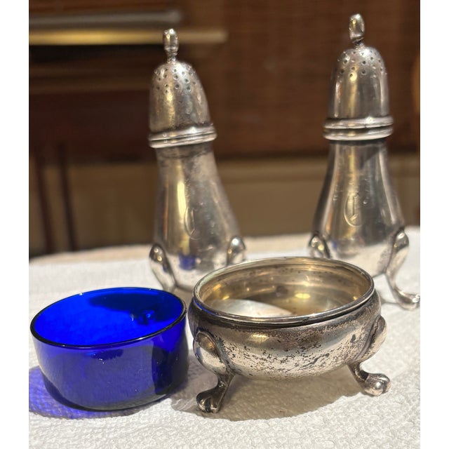 Antique Sterling Silver Figural Bird Salt & Pepper Shakers With Cobalt Glass Salt Cellar-Phili H. Stevens - 3pcs For Sale In New York - Image 6 of 7