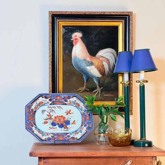 English Vintage Rooster Portrait Oil Transfer Painting in Embossed Ebonized Gold Gallery Frame - Signed For Sale - Image 3 of 6