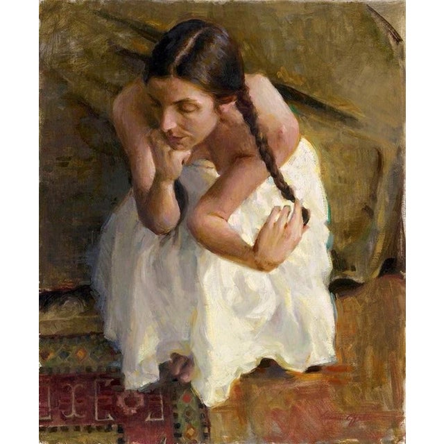 The painting depicts a contemplative figure seated in a relaxed pose, her long braid cascading down her back while she...