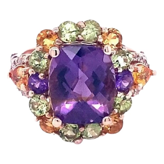 6.17 Ct Amethyst, Peridot, Sapphire, Diamond Rose Gold Ring For Sale