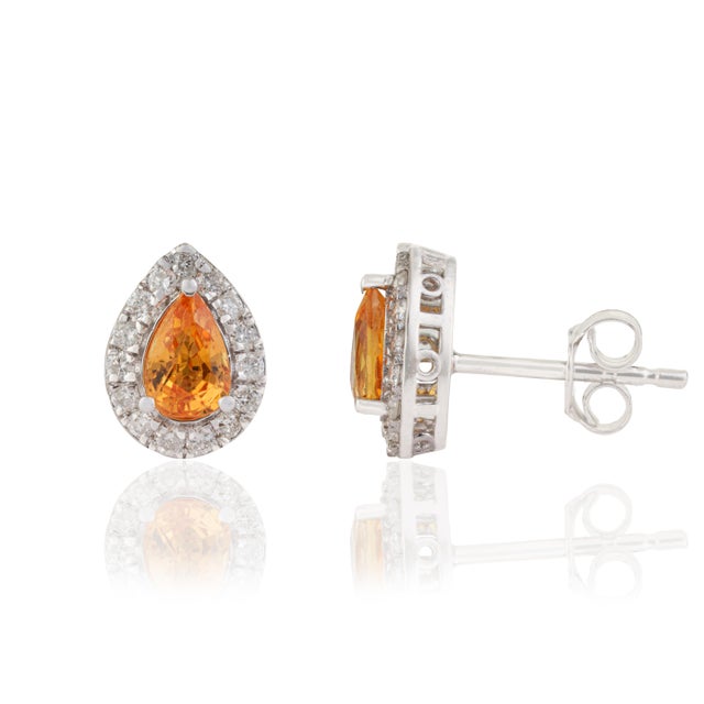 1 Ct Pear Cut Yellow Sapphire Stud Earrings With Diamonds in 14k Gold- A Pair For Sale - Image 4 of 13