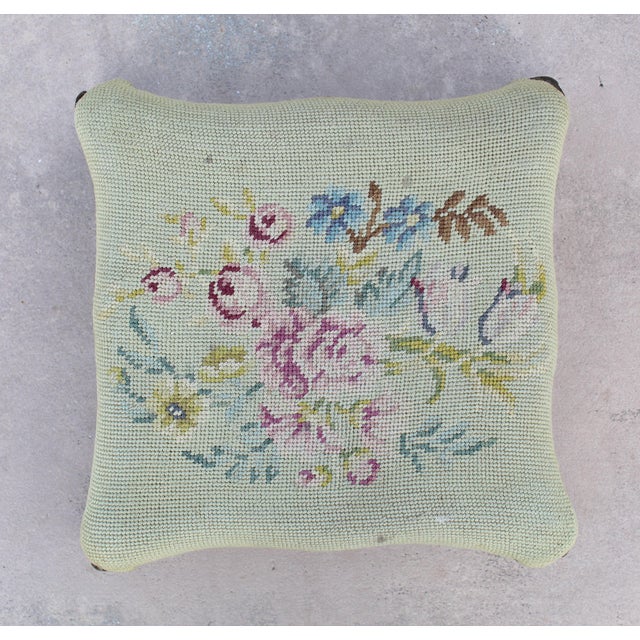 Vintage 1940s Rococo Revival Gilt Cast Iron Footstool With Floral Needlepoint Cushion For Sale - Image 11 of 13