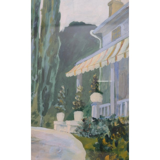 A light impressionist-style mid 20th-century watercolor/tempera painting of a house, the yard and trees. It is...
