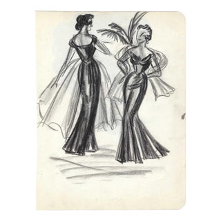 1950s Virginia Spencer Ladies in Evening Dresses Drawing For Sale