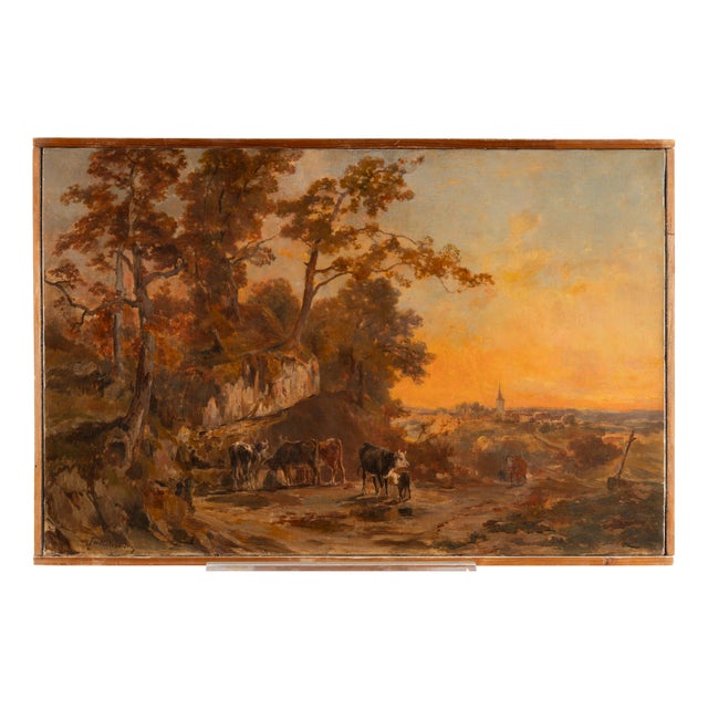 François Louis Fritz De Niederhäusern, Pastoral Scene at Sunset, Oil on Canvas For Sale