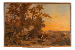 François Louis Fritz De Niederhäusern, Pastoral Scene at Sunset, Oil on Canvas