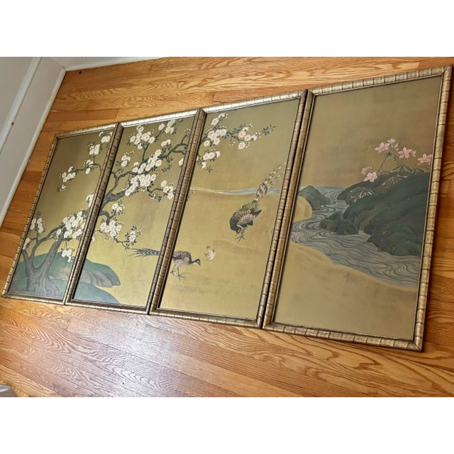 A large and exceptional continental four-part framed wallpaper panels or quadriptych. The four panels depict a gold-toned...