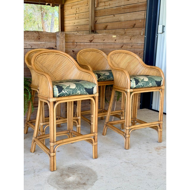 Set of Four Vintage Boho Organic Modern Rattan Bar Stools With Pencil Rattan Backs For Sale - Image 12 of 12