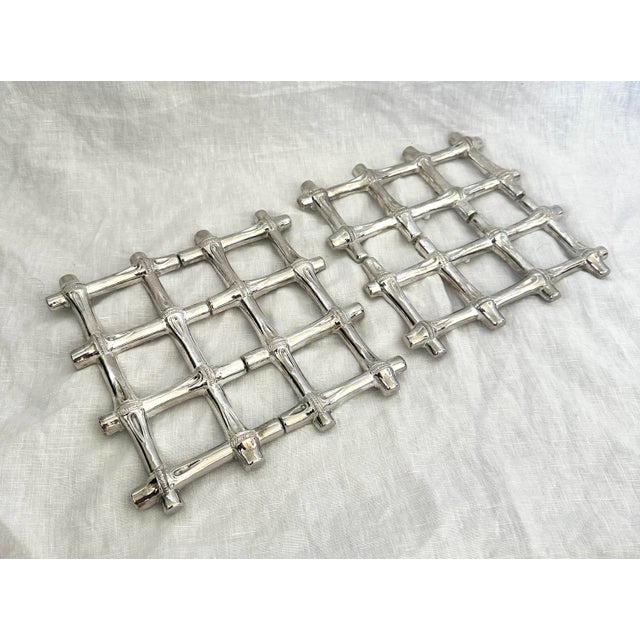 Chinoiserie 1970s Silver Faux Bamboo Trivets - Pair For Sale - Image 3 of 5