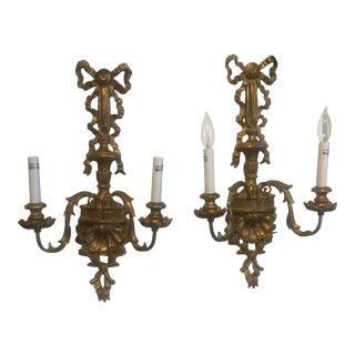 Pair of Traditional Italian 2 Light Wood Carved Sconces For Sale