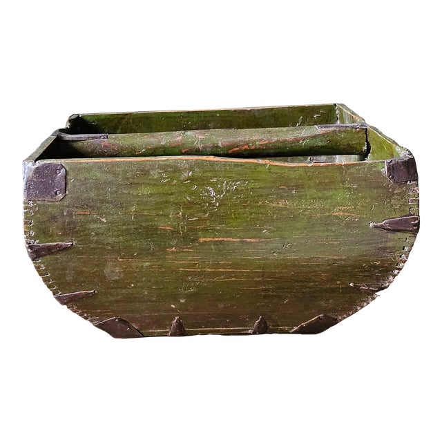 Antique Green Chinese Rice Basket With Iron Fittings For Sale